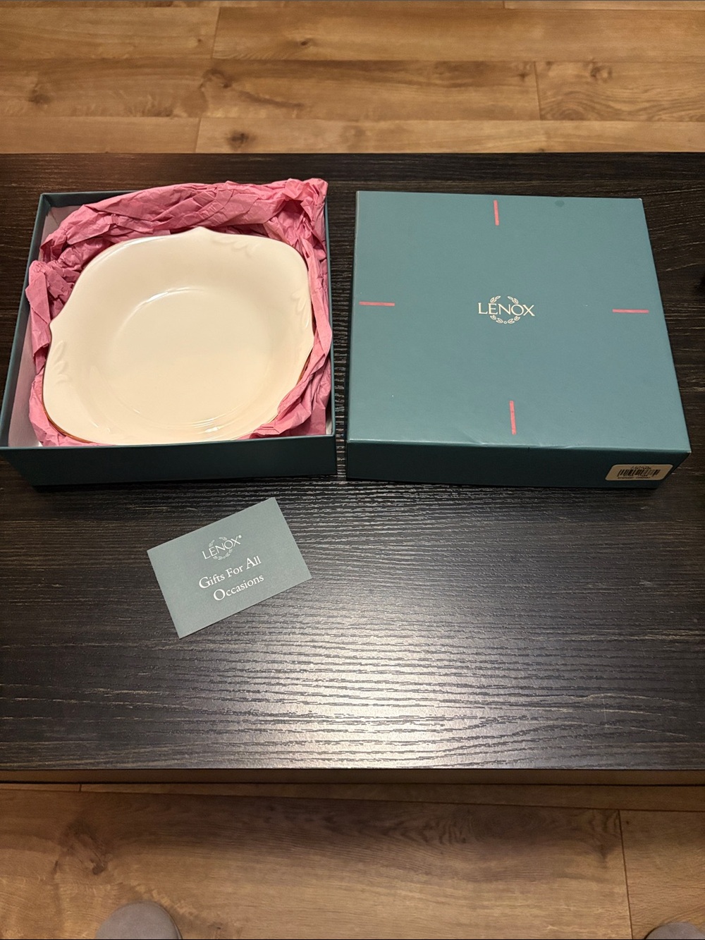 Lenox Cream Ceramic Serving Bowl with Teal Gift Box and Pink Tissue